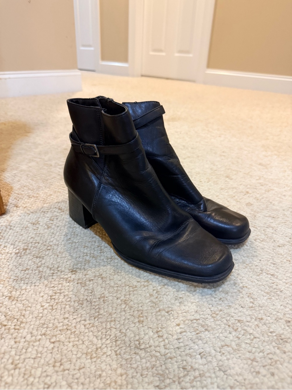 Pesaro Black Leather Ankle Boots with Block Heel and Strap